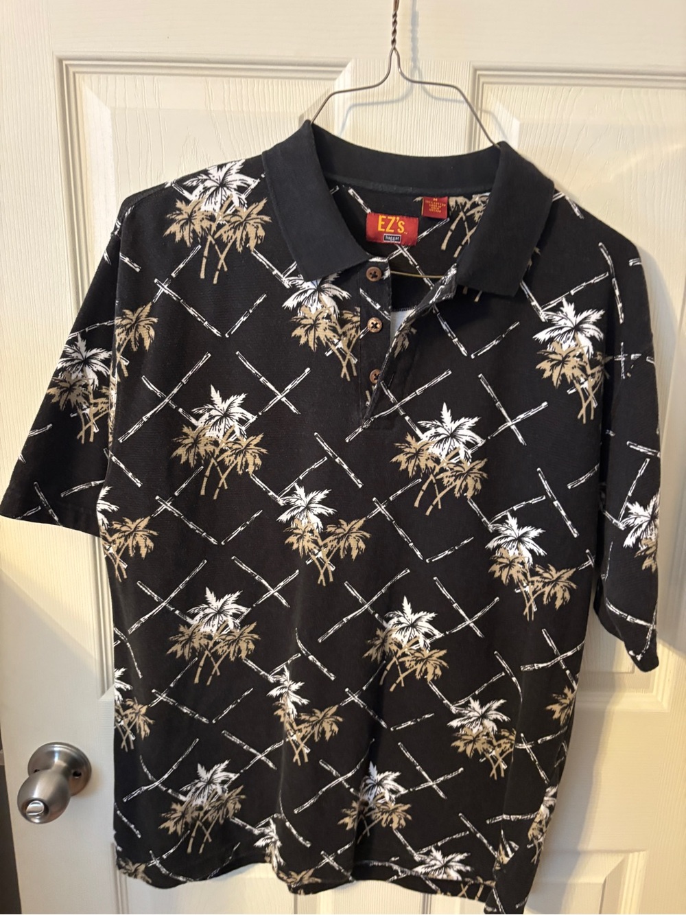 Haggar Black Polo with White and Tan Palm Print